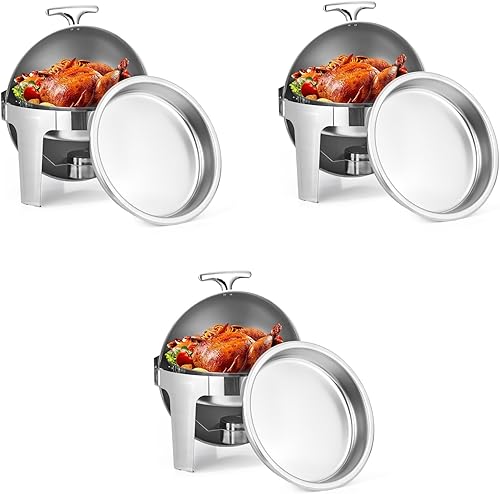 Juego de platos para bufé, 6.8 cuartos de galón de acero inoxidable redondo con parte superior enrollable, calentadores de alimentos para fiestas,