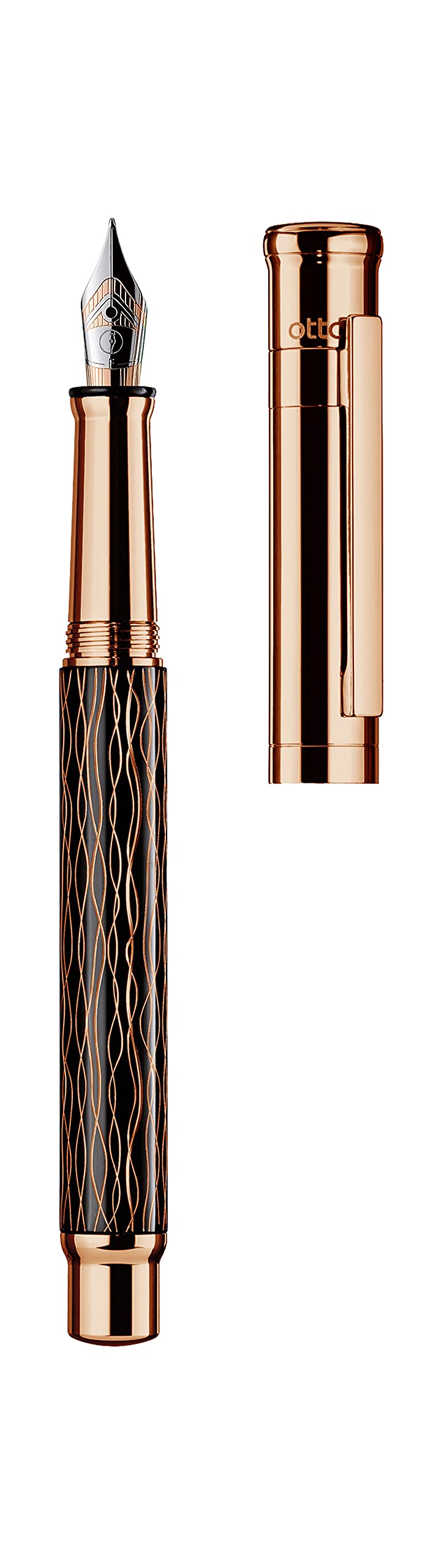 Otto Hutt Design 04 Füllfederhalter Schwarz, mit Schaft Roségold beschichtet und Wellen-Guilloche, Kappe und Beschlagteile glanz Roségold beschichtet, Stahlfeder, Federstärke: EF, 038-16450