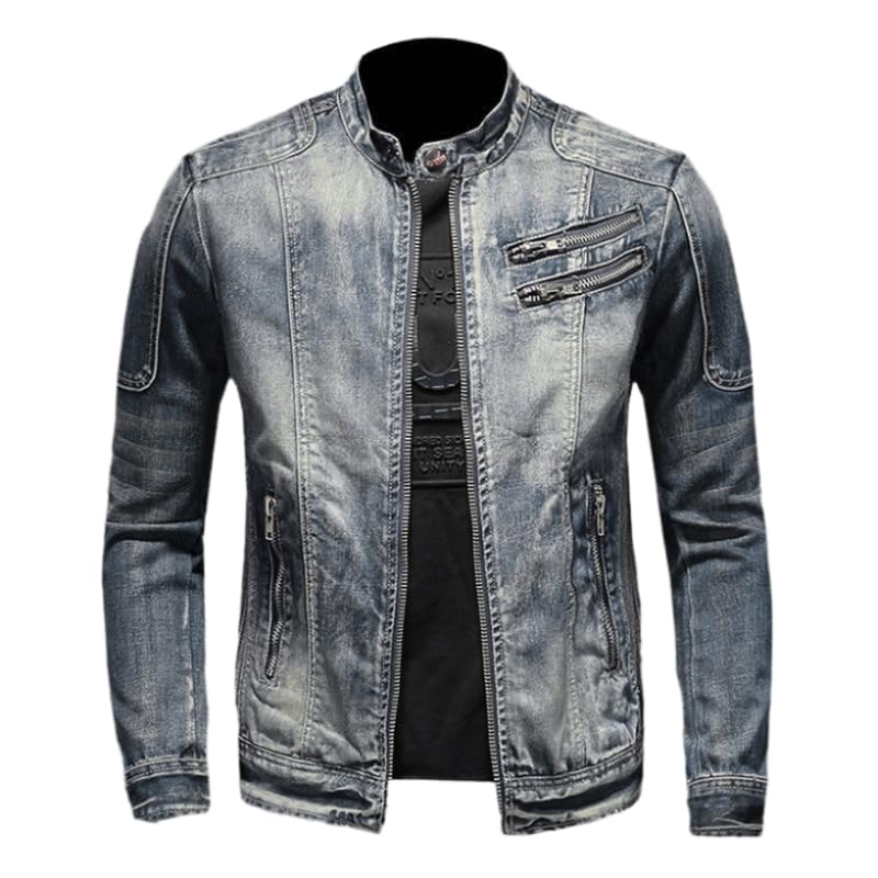 KASENFASHION Vintage Herren Jeansjacke mit Reißverschluss – Bomberjacke im Biker-Stil, Stehkragen, Slim Fit, klassische Trucker-Jacke im Cowboy-Design