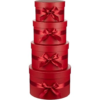 Arborus Set of 4 Gift Boxes with Lid Red Round Various Sizes Gift Boxes with Bow Gift Box Birthday Wedding Anniversary Valentine's Day Mother's Day