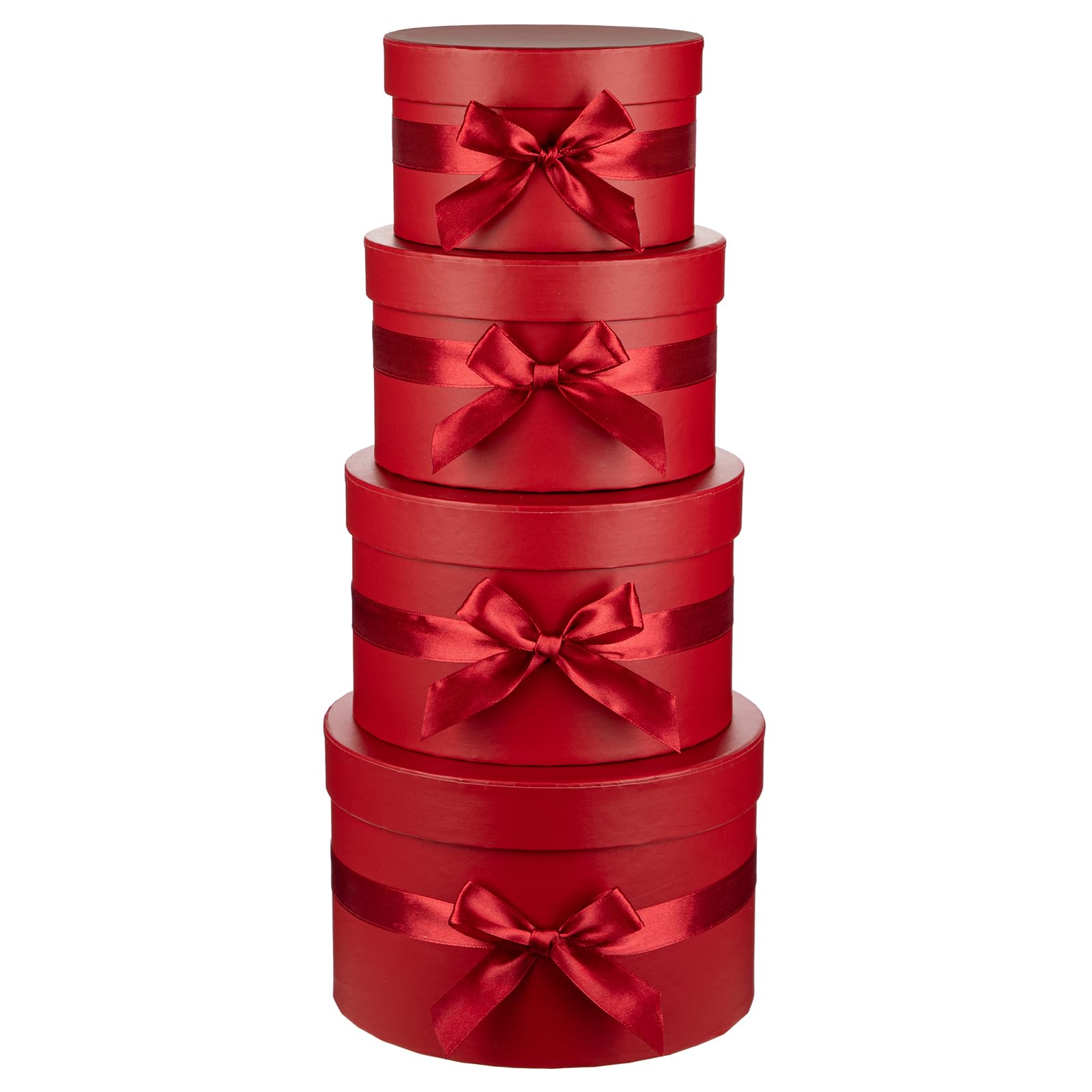 Arborus Red Gift Boxes with Lids and Bow Set of 4 Round Gift Boxes for Presents Luxury Hat Box Paper Flower Box for Wedding Birthday Valentines Bridesmaid Christmas Party