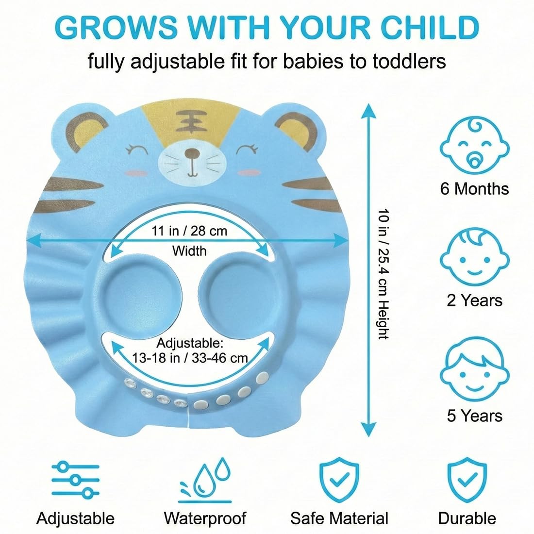 2 Pezzi Cappello Doccia Bambini, Visiera Doccia Bambini, cuffia per shampoo regolabile per bambini, scudo per il lavaggio dei capelli, Bambini Regolabile Doccia Cap per Protezione (Tigre).