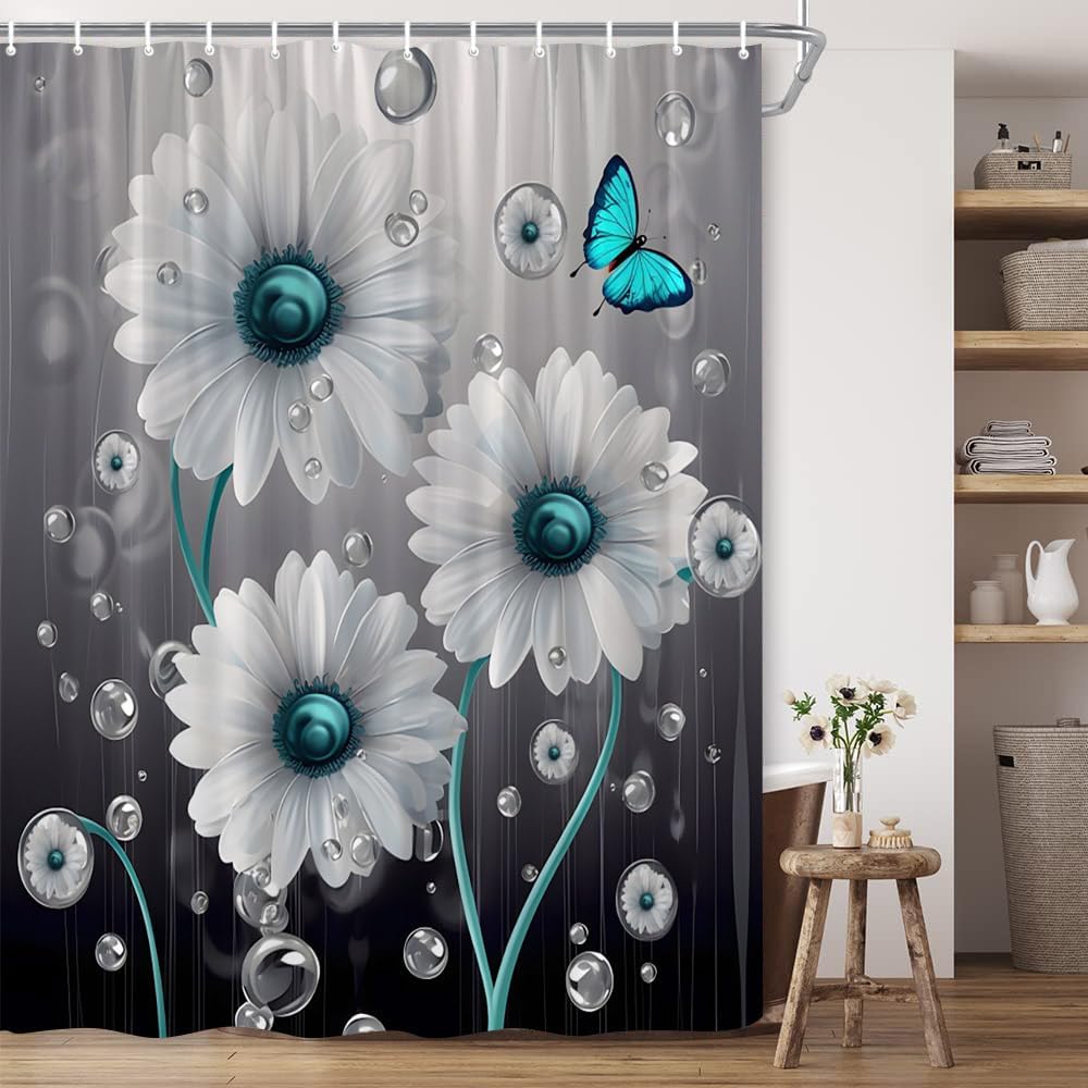 Daisy Shower Curtain White Flower Butterlfy Simulated Raindrop Grey Bubble Rustic Farmhouse Floral Bathroom Curtain with Hook