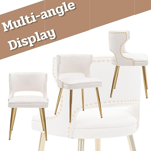 Miniatura 5 de Juego de 2 sillas de comedor de terciopelo beige con patas doradas, juego de 2 sillas de comedor modernas de mediados de siglo con respaldo de