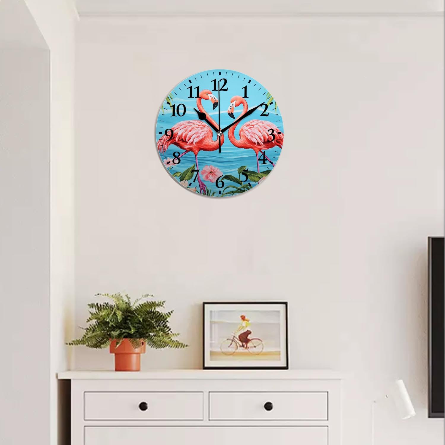 Analog Wall Clock Non-Ticking Sweep Movement Wall Clocks Battery Operated Decor Clocks for Bedroom,Kitchen,Office-Two Flamingo Lovely(12inch)