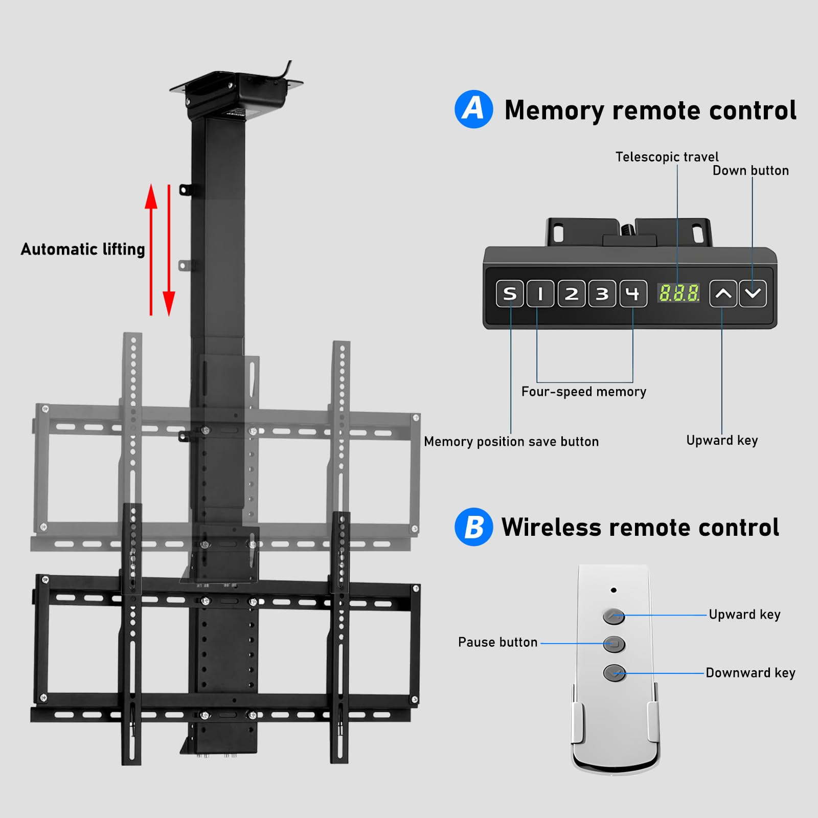 Soporte de Techo motorizado para TV para Pantalla de 32 a 70 Pulgadas, Soporte TV Techo motorizado con Control Remoto inalámbrico y Control Remoto con Memoria, Soporta 60 kg (Lift 90-220)
