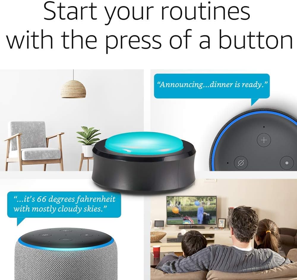 An Echo Button next to an Echo device, with text bubbles indicating smart home routine activation