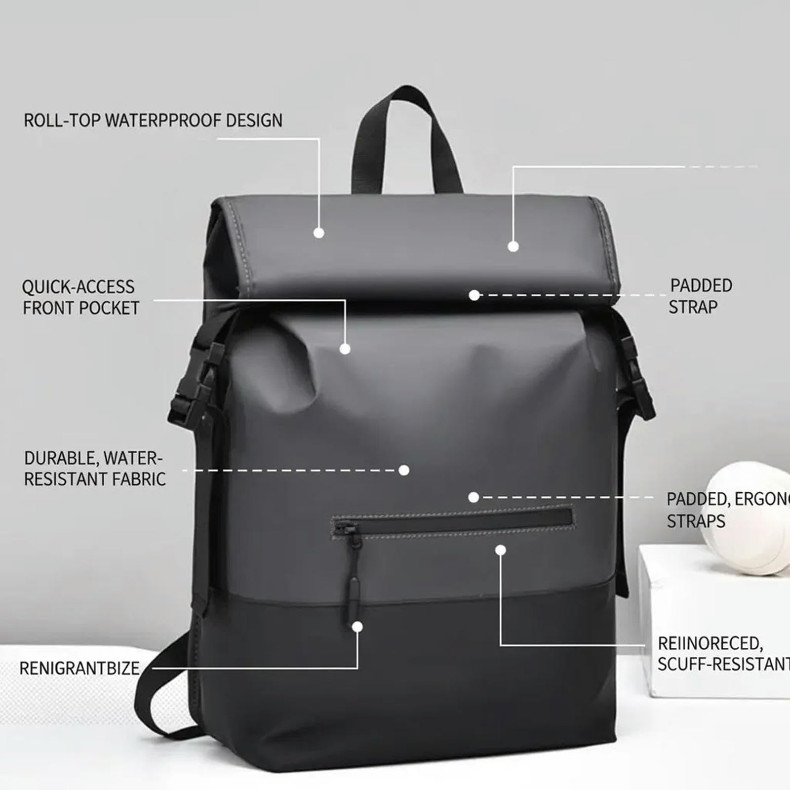 Zaino da Viaggio Premium Uomini Roll Top Business Grande capacità Moda Pendolare Borsa di Viaggio-Black