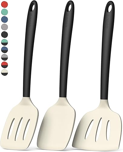 Miniatura 12 de Coukre Juego de 3 espátulas de silicona, resistentes a altas temperaturas, sin BPA, espátula para pescado, volteador sólido y con ranuras para