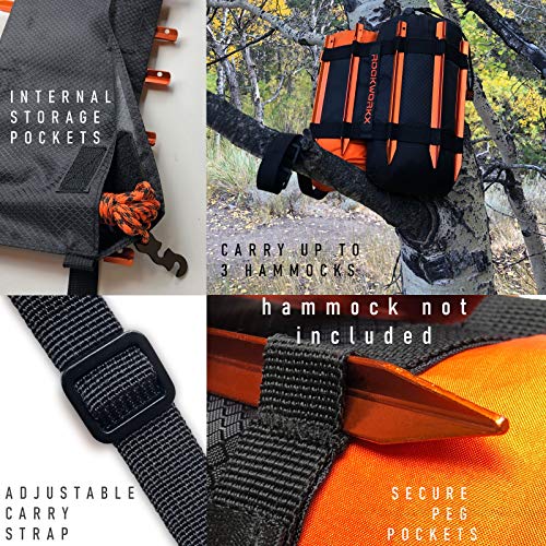 ROCKWORKX USA Tent Stakes Kit, Heavy-Duty Aluminum Metal Ground Pegs, Compression Travel Bag, 6 Tent Pegs & Line Adjusters for Camping Tarps & Hammocks, Lightweight, Hammock Not Included.