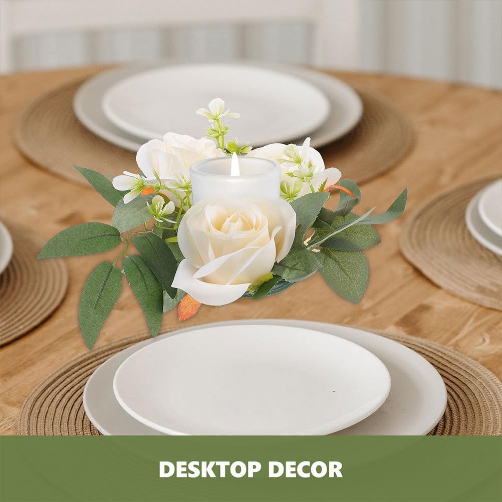 Baluue Artificial Rose Candle Wreath 10.62 Inch Floral Candle Ring Realistic Simulated Flower Tea Light Holder for Wedding Home Table Decoration