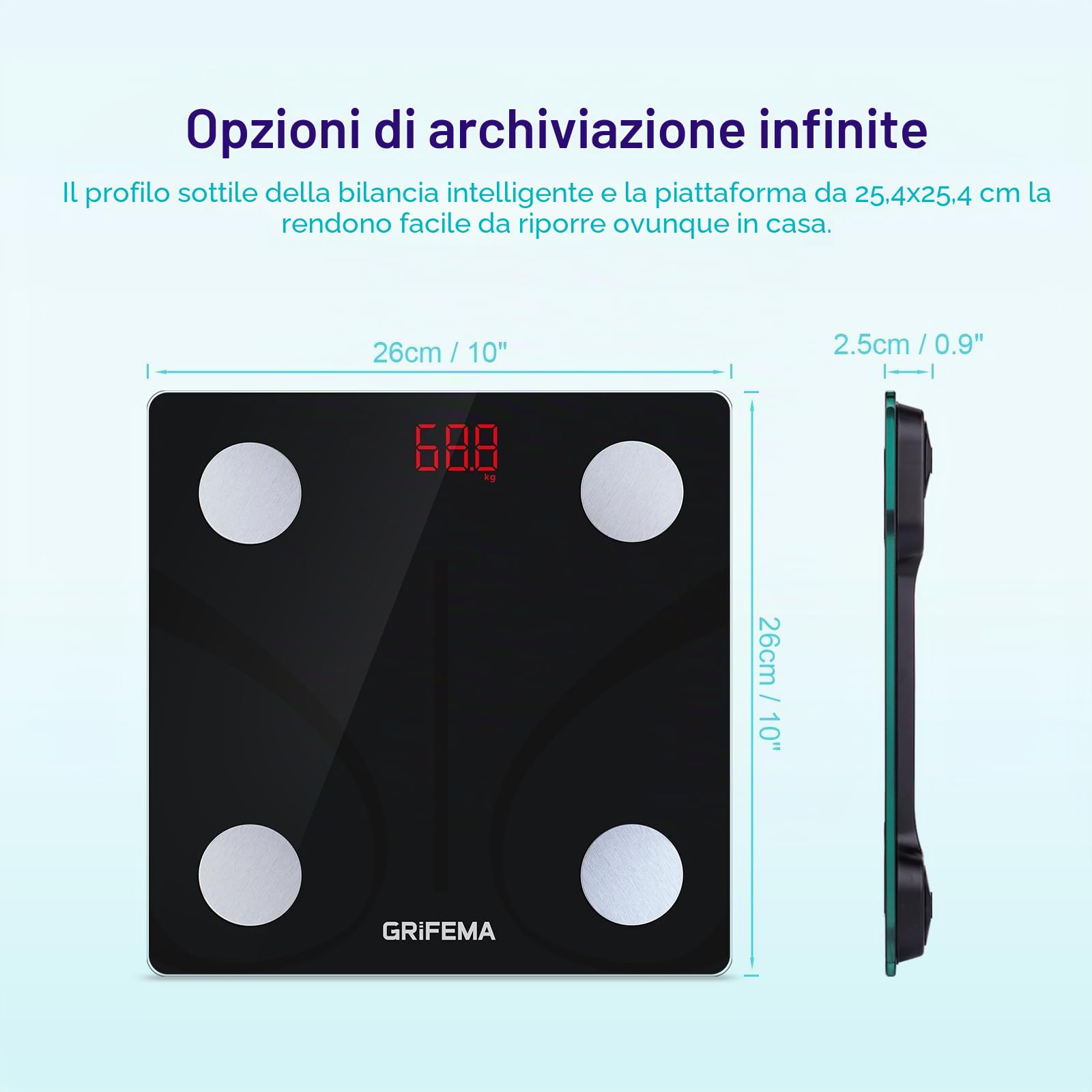 GRIFEMA Bilancia con app, digitale Bluetooth, personale con analisi massa muscolare e del grasso corporeo, per BMI, proteine, nera[Esclusiva Amazon]