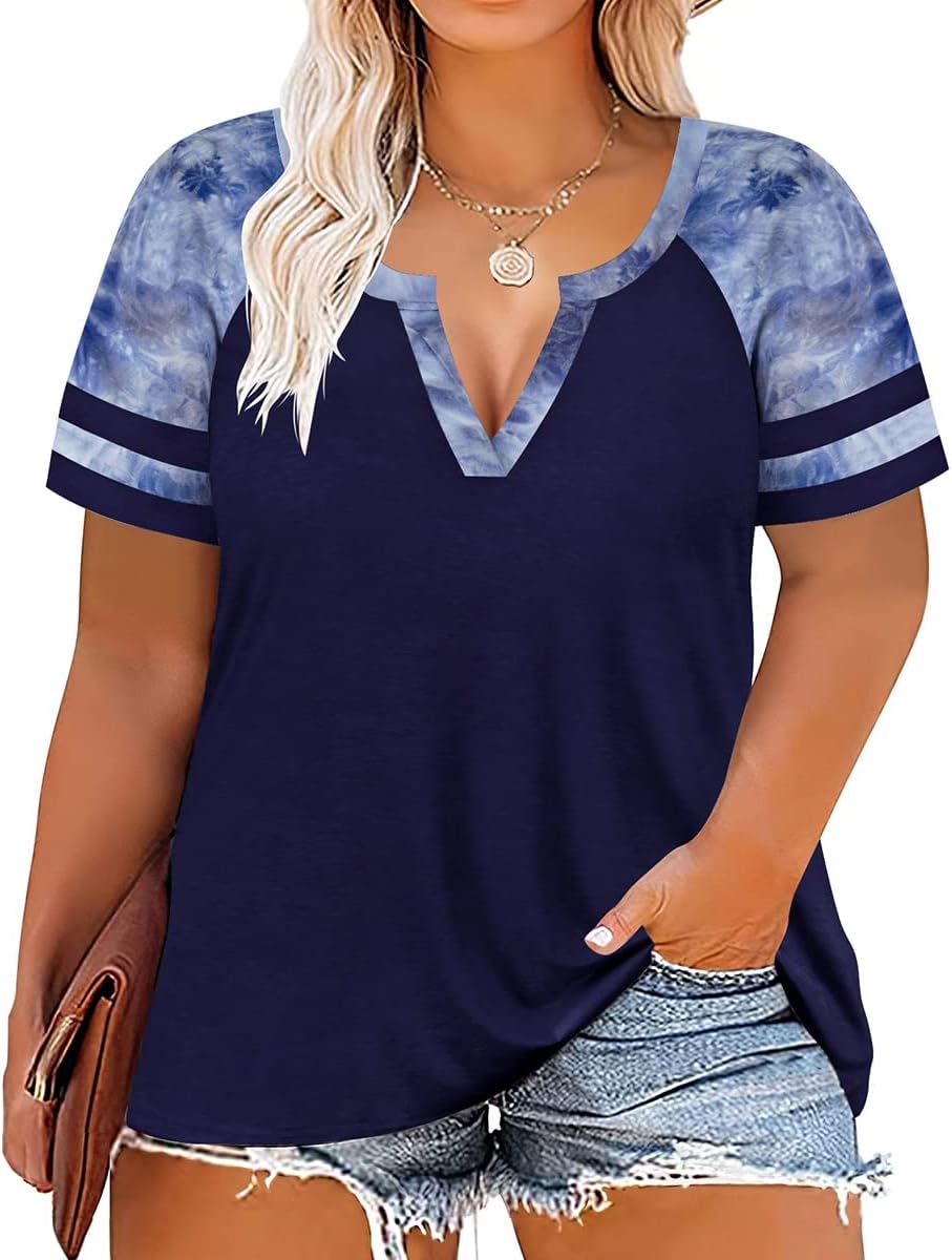 CARCOS Plus Size Tops for Women Short Sleeve Summer Pullover Color Block Crewneck/V Neck Tee Tunic Loose Fit Tshirts XL-5XL