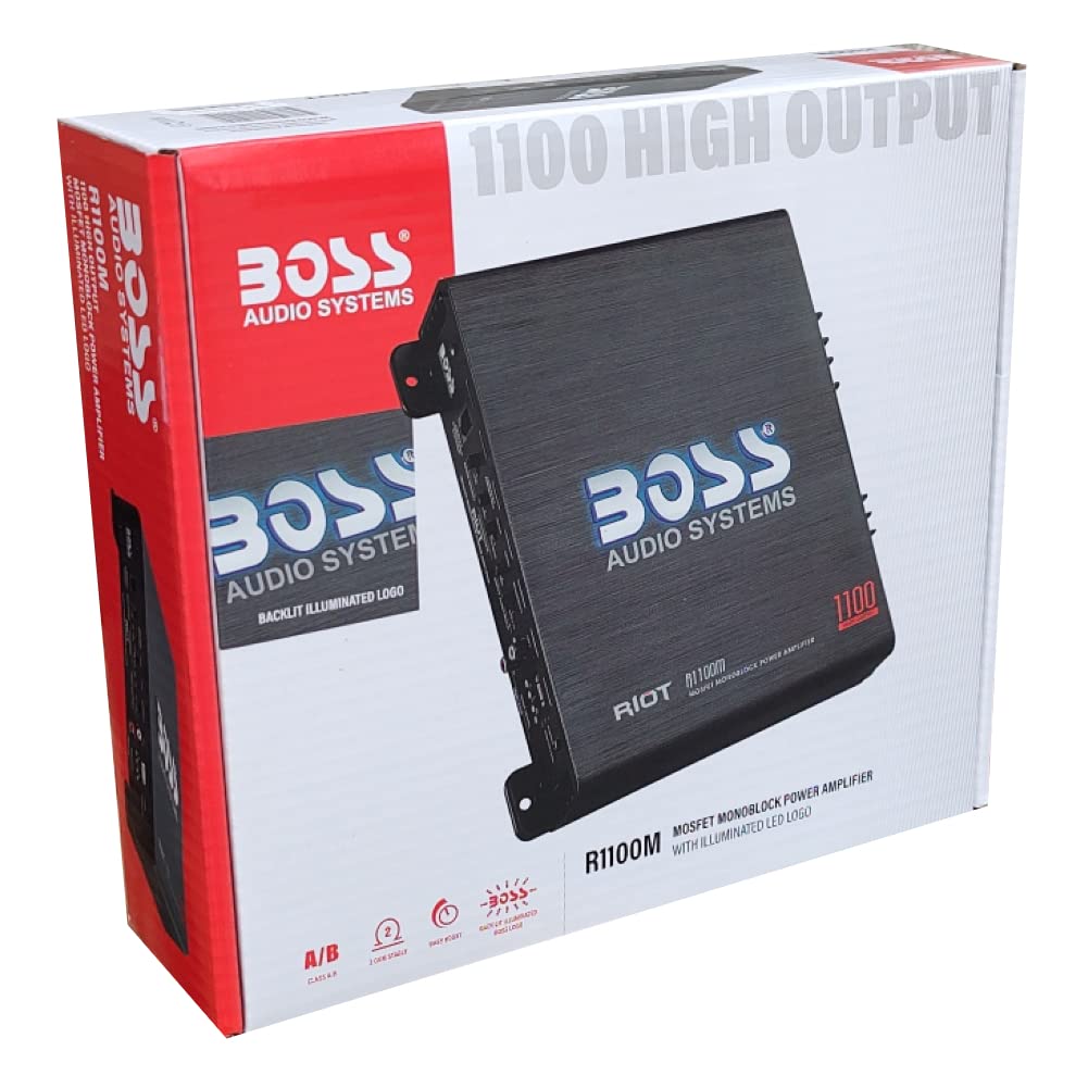 KIT SET PARA BOSS AUDIO SYSTEMS RIOT R1100M 1 amplificador 1 canal monofónico clase ab 1100 watt máx. 1 x 825 watt rms bass boost 0/+18 db con control remoto incluido, 1 pieza