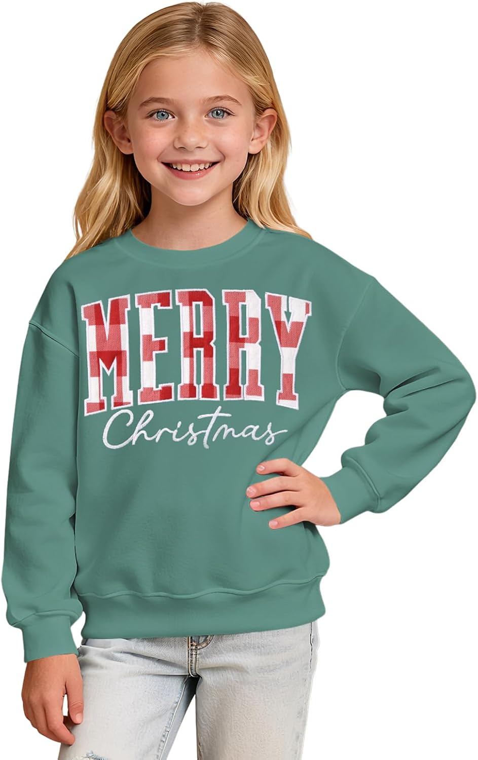 IZYJOY Kid Girl Christmas Sweatshirt Plaid Merry Christmas Shirt Long Sleeve Embroidery Patch Xmas Holiday Pullover Top 6-11Y
