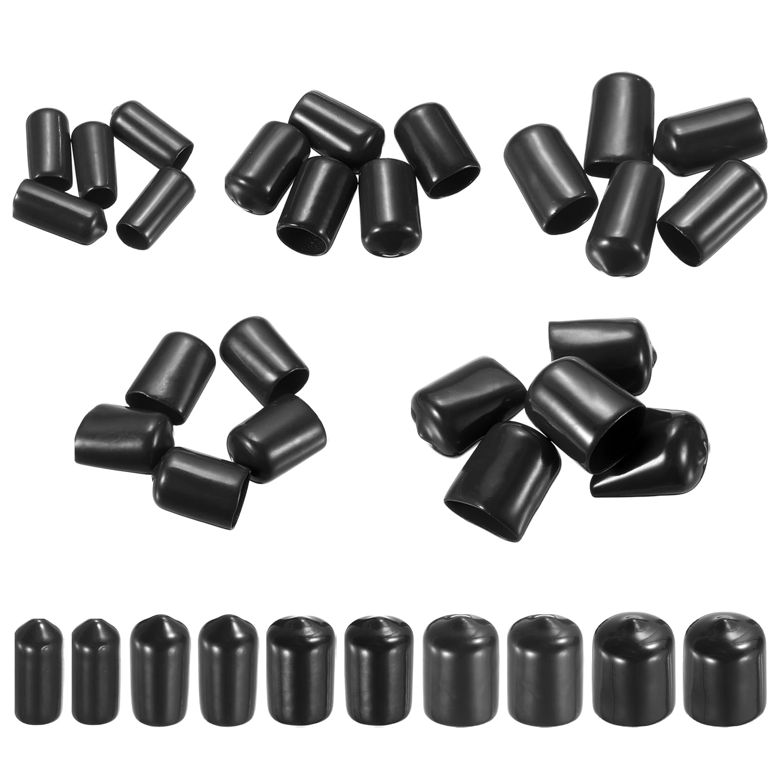 MECCANIXITY 50pcs Round End Protective Caps Rubber Cover 3/8" 7/16" 1/2" 9/16" 5/8" Black Screw Protector for Screw Bolt, Plumbing Pipe