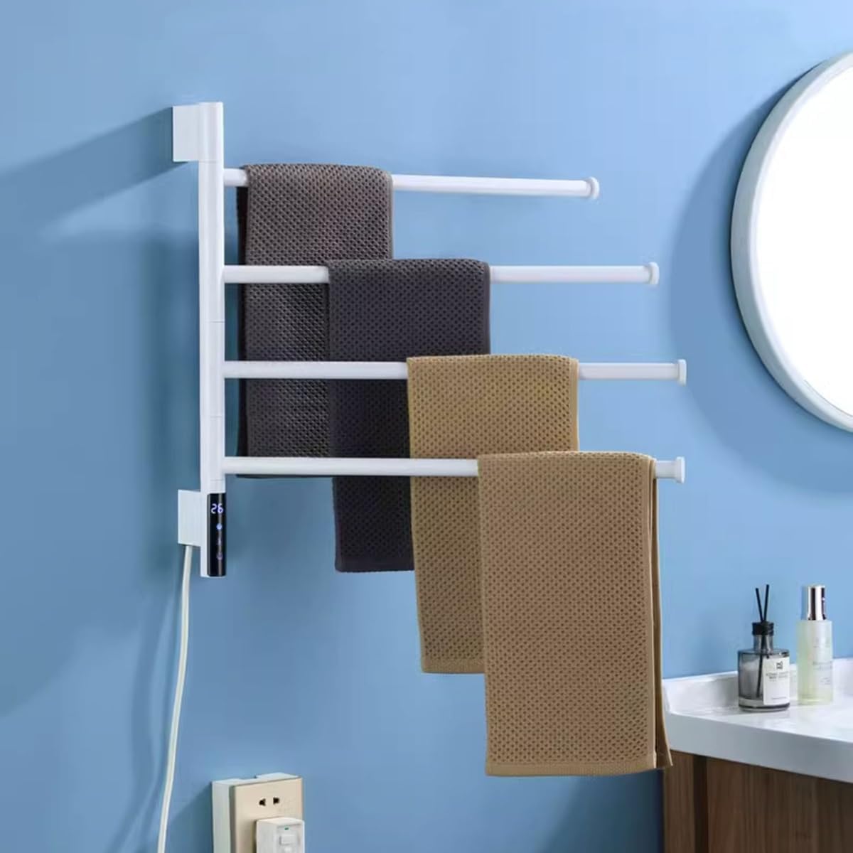 Rotatable Towel Rack with Timer,Electric Heated Towel Racks, 4-Bar 180° Swivel Towel Rack,82W Wall Mounted Towel Warmer Racks,Plug-in Heated Drying Rack for Bathroom, Kitchen (Colo