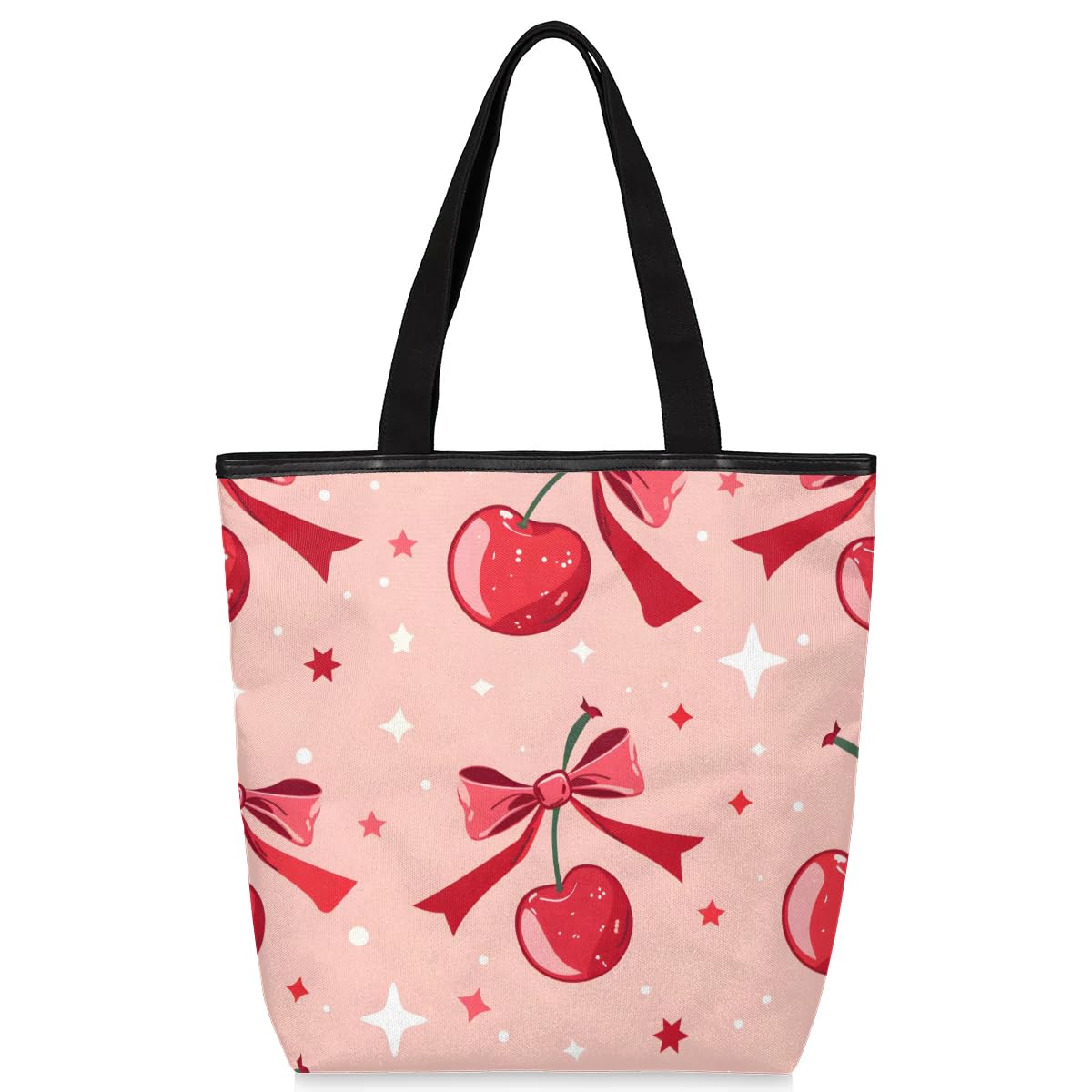 Mularoka Stars Cherries Canvas Tote Bag with Zipper and Pockets Canvas Tote Shopping Bag Women Reusable Grocery Bag for Beach Travel Gym Shopping