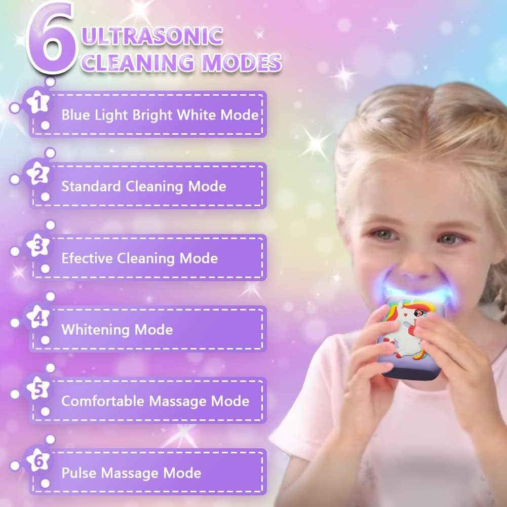 Kids U-Shaped Electric Toothbrush, Sonic Automatic Toothbrush with 4 Brush Heads, 360° Whole Mouth Cleaning Six Modes, Unicorn Design, IPX7 Waterproof, Rechargeable Birthday Gift (Purple, Kids 2-7)