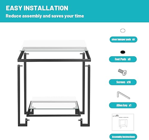 Miniatura 4 de 2 Tier Rectangular Side Table, Black End Table with Glass Top, Modern Metal Clear Coffee Tables，Small Accent Tables for Living Room, Bedroom, 22" x