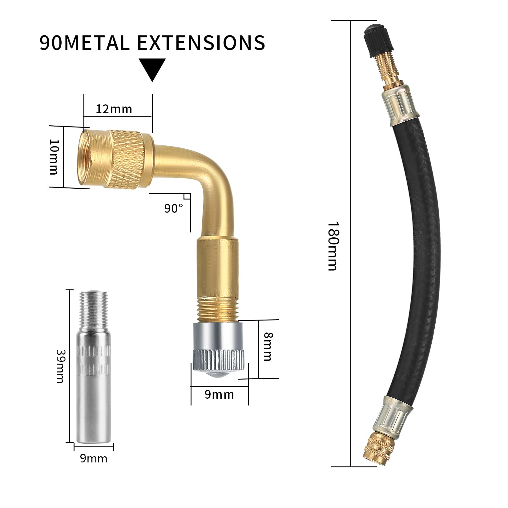 Prolunga Valvola Pneumatici Set, 2 Pezzi Valvole di Estensione a 90 Gradi in Rame, 2 Pezzi Gomma Estensori Valvola per Valvole, per Auto, Moto, Biciclette