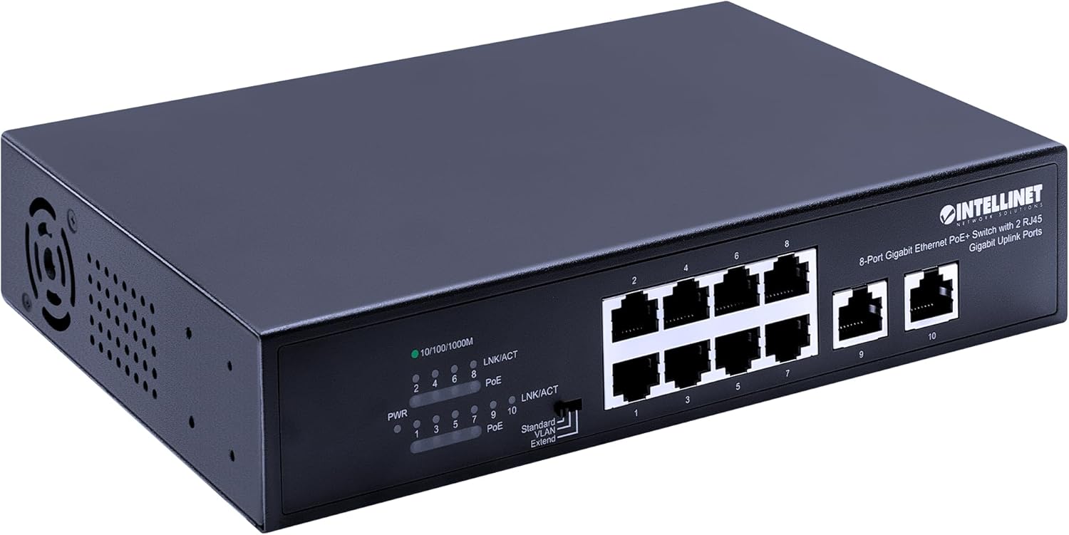 Intellinet 8-Port Gigabit Ethernet PoE+ Switch with 2 RJ45 Gigabit Uplink Ports,120W Power Budget, Manual VLAN Mode, Endspan, Self-Healing Network, Desktop - 3 Yr Mfg Warranty - 561402