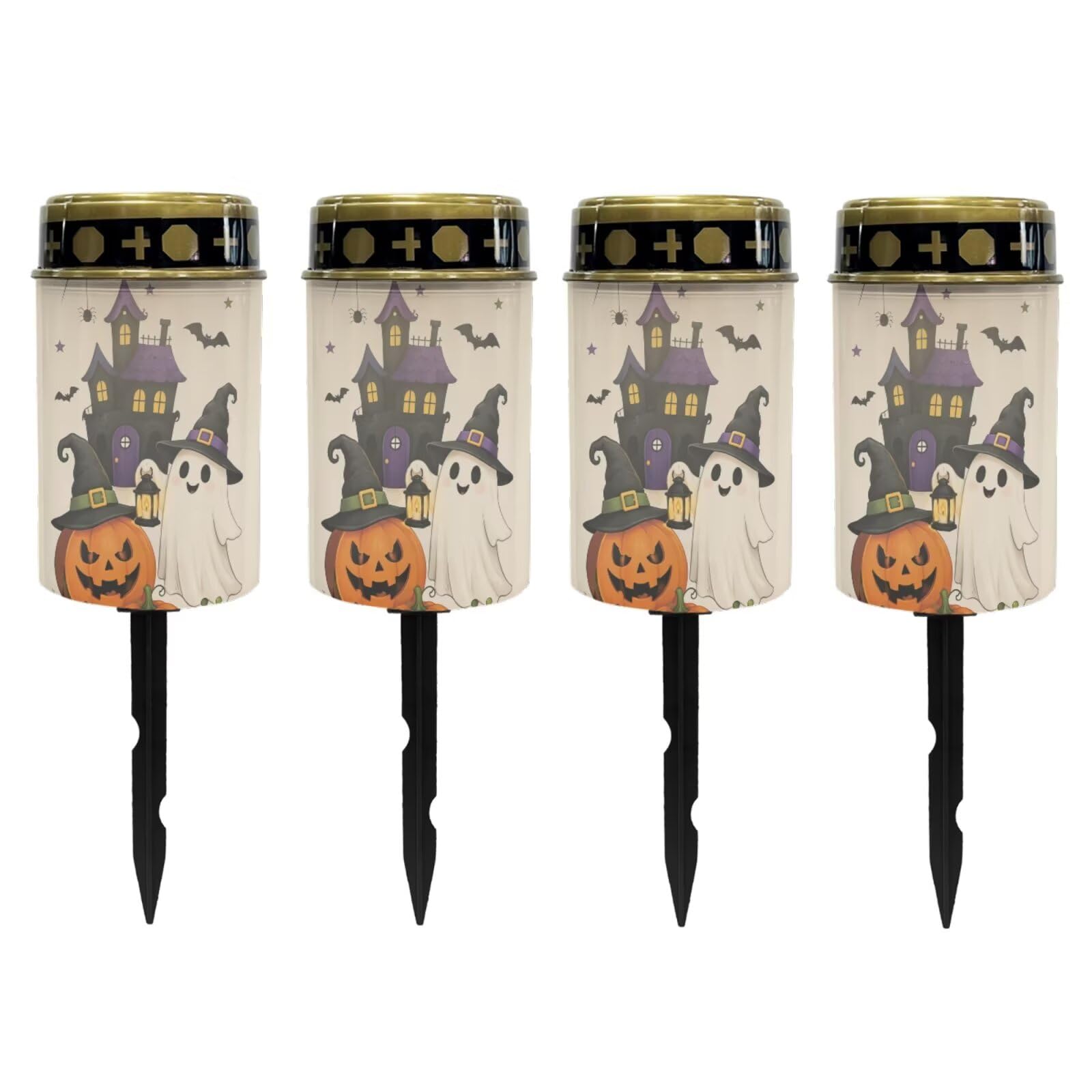 Poceacles Solar Lights Outdoor Solar Powered Outdoor Cemetery Stake Candle Grave Lamp Landscape Lighting Halloween Grave Flameless Candle, Pumpkin Ghost Print Beige, Pack of 4