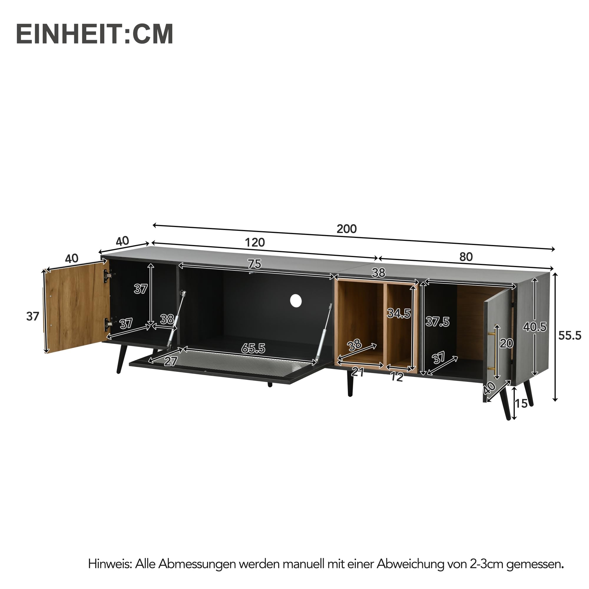 Rtopsu Mobile TV, Tavolo TV Basso per TV Fino a 90 Pollici, Scaffale TV con 3 Ante e 4 Vani Portaoggetti Mobile per Soggiorno Sala da Pranzo Camera da Letto, 200x40x55.5 cm, Legno, Grigio & Marrone
