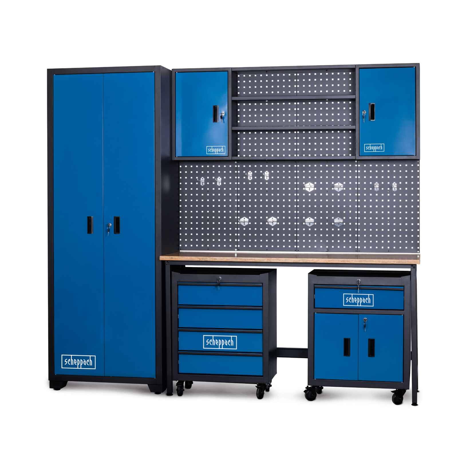 Scheppach Sistema modulare per officina GWS08 - armadio per attrezzi, armadi con serratura, alto, forata, 12 ganci, banco, 2 carrelli
