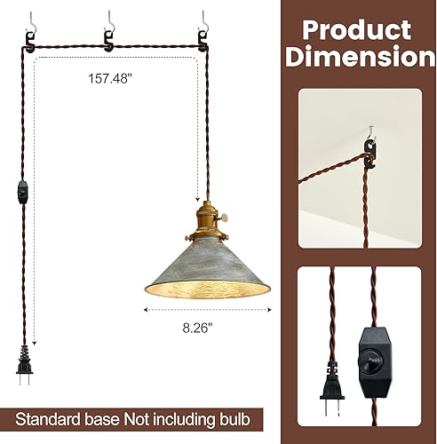 Miniatura 7 de Luces colgantes con cable de enchufe, lámpara colgante industrial de jaula de plata antigua con bombillas Edison, lámpara colgante con acabado de