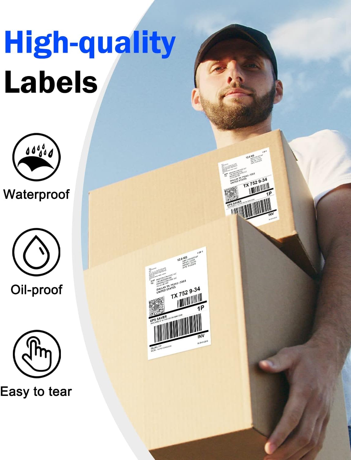 Person holding packages with shipping labels, illustrating high-quality label features