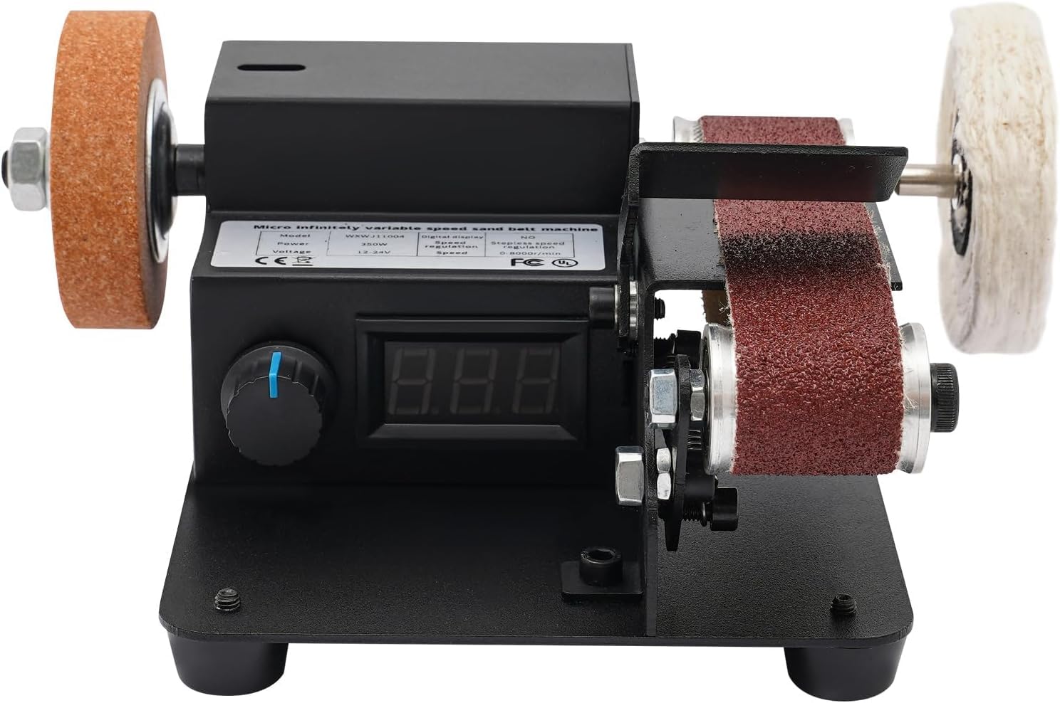 OUKANING Mini Band Sander 350 W Elettrico - Levigatrice a nastro per tavolo da 0-10000 RPM, 7 velocità di regolazione continua della velocità, con 10 nastri abrasivi, disco abrasivo e inserto per