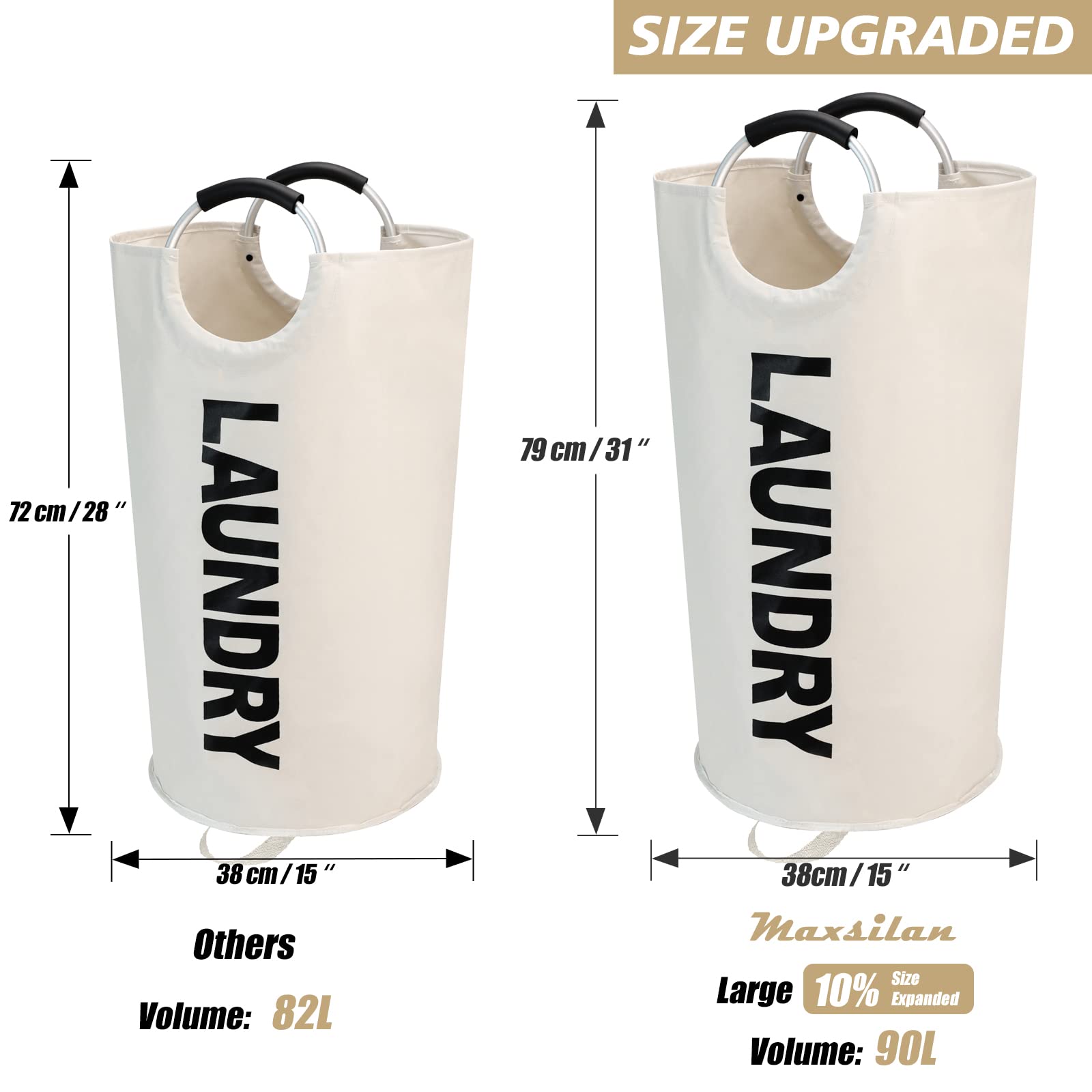 Maxsilan Cesto portabiancheria grande, 90 l, autoportante, alto, pieghevole, beige