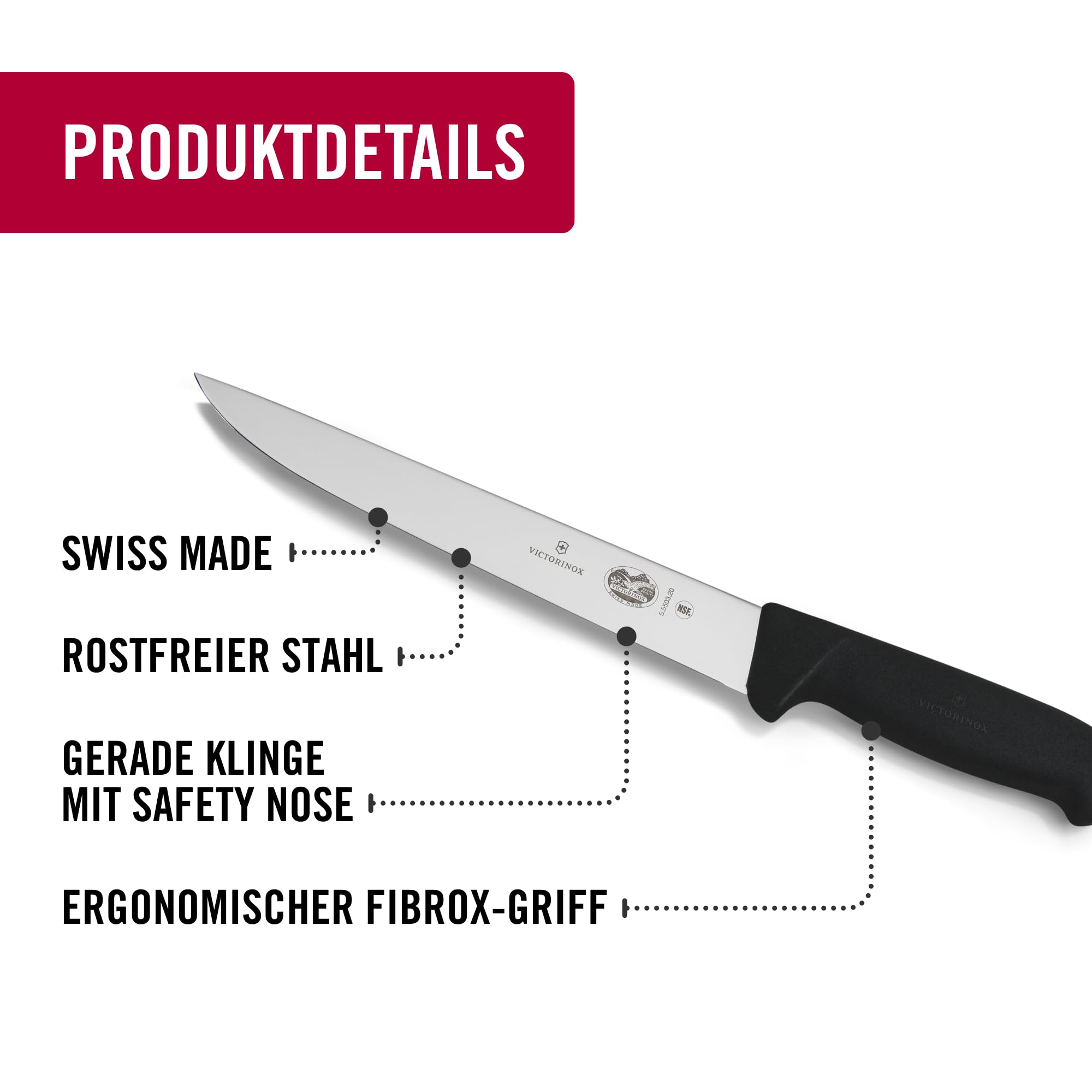 Victorinox Fibrox Schlacht-/Bankmesser, Zerlegemesser zum Zerteilen großer Fleischstücke, 20 cm, Gerade Klinge, Scharf, Rostfreier Stahl, Schwarz