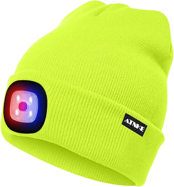 ATNKE Bright LED Lighted Beanie Cap Unisex Rechargeable Headlamp Hat Red and Blue Glow Flashing Alarm Headlamp Multi-Color