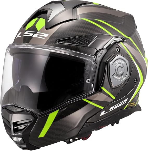 LS2 FF901 Advant X Carbon Black Modular 180° Flip Front Dual Visor Full Face Motorbike Helmet Sport. ECE 22.06 Certified. Pinlock and Backpack Carry Bag - FUTURE II - BLACK HIGH VIZ YELLOW - XXL