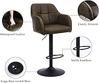 Vista 3 de Moderno juego de 2 taburetes de bar giratorios de piel sintética con apoyabrazos, silla de bar ajustable tapizada con base de metal reposapiés