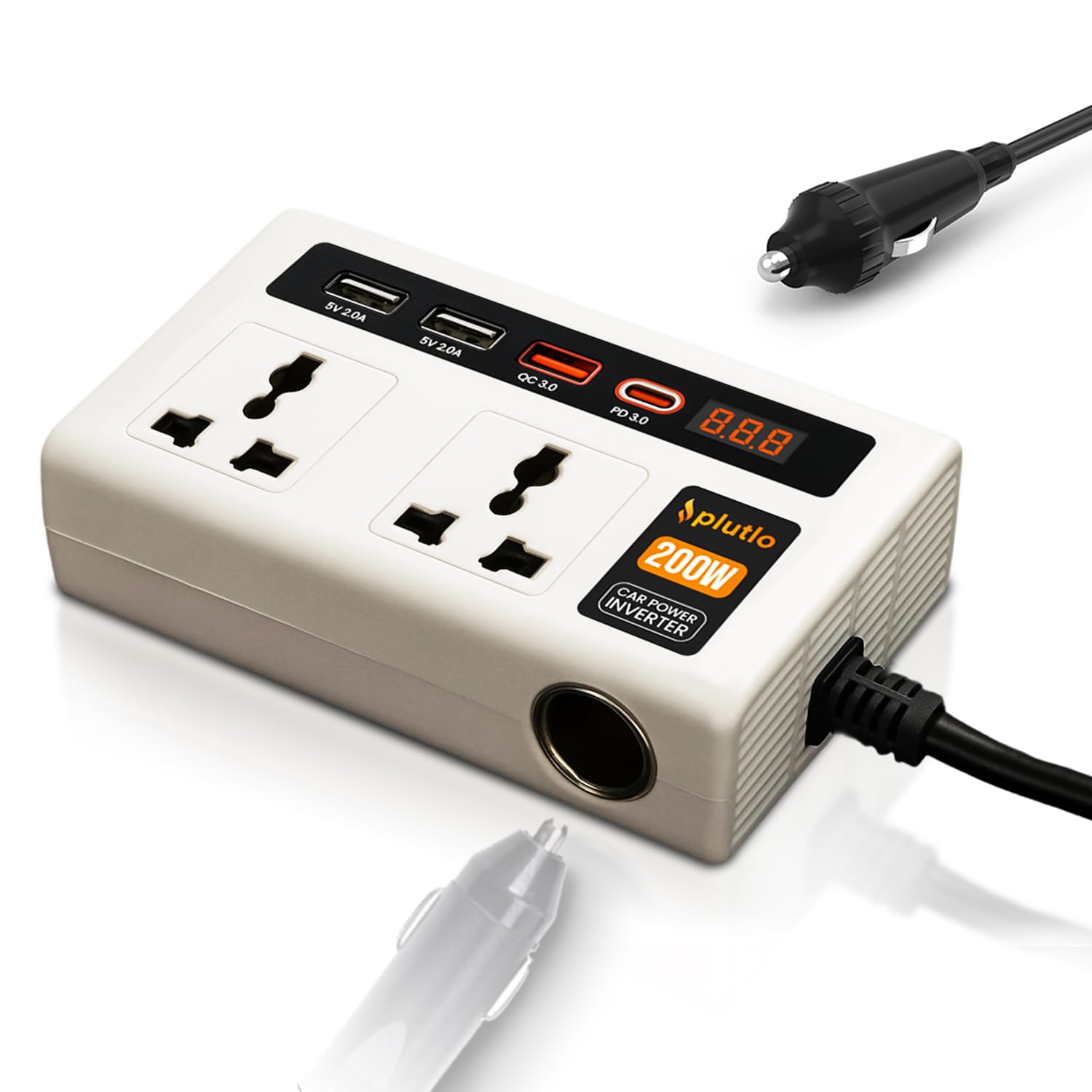 200W Car Power Inverter, Car Laptop Charger with 2 AC Outlets (220V), 3 USB-A & 1 USB-C PD 18W Fast Charging Ports, 12V DC to 220V AC Adapter for Laptops, Phones & Tablets – White Body