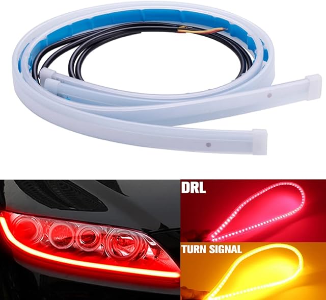 Qasim 60cm 24inch Red+Yellow LED Daytime Running Lights Auto Flowing Sequential Turn Signal Guide Strip Headlight Assembly Car Motorcycle Accessories 2-Pack
