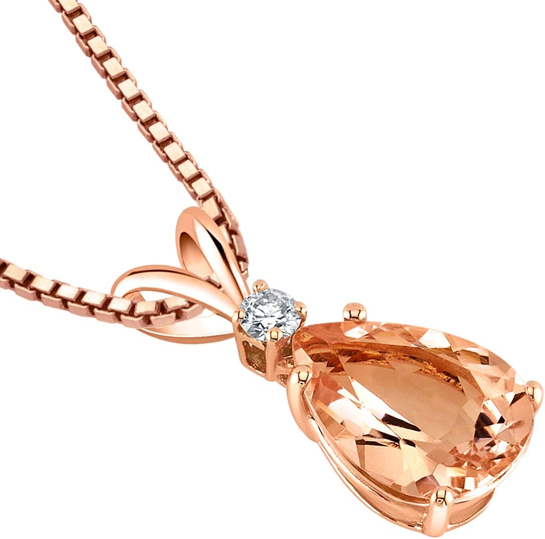 PEORA 14K Rose Gold Morganite and Diamond Pendant, Genuine Gemstone Teardrop Solitaire, Pear Shape, 10x7mm, 1.80 Carats total, 100% Natural & Real, Pretty Peach Pink Morganite, w/Jewelry Box