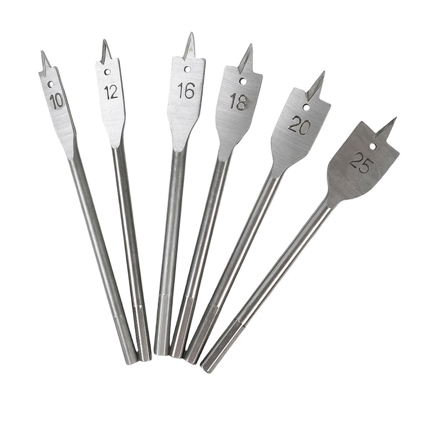 6 PCS Wood Spade Drill Bits Set, Carbon Steel Paddle Flat Bit for Hole Cutter Woodworking, Quick-Change Hex Shank, Acrossed Bits with Storage Pouch for Plywood Chipboard Cuts, Ø 10/12/ 16/18/ 20/ 25mm
