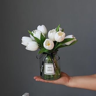 grtefhu 10pcs Fake Faux Tulips in Vase,Silk White Tulipanes Tulips Artificial Flowers Real Touch Arrangements with Vase for Desk Table Decoration Home Decor