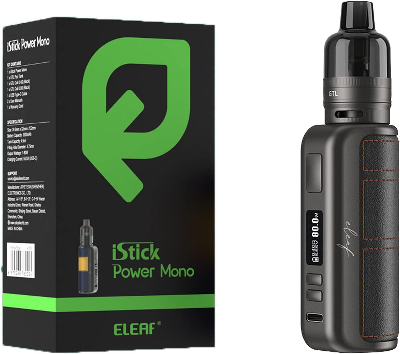 Eleaf iStick Power Mono Cigarrillos Electrónicos with GTL Pod Tank, 3500mAh Batería 4.5ml Pod 80w Cartucho Pod Vape Vaporizador Sin Tabaco Ni Nicotina (black)