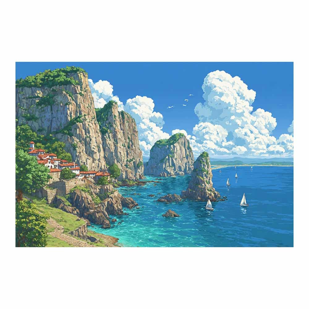 DMZPKZB Natural Landscape Wall Decor Coastsal Cliffs & SailBoats s Beautiful scenery Painting, Modern Artwork,for Living Room,Bedroom,Office Bathroom,Dining(Multicolor)-80x120cm Unframed