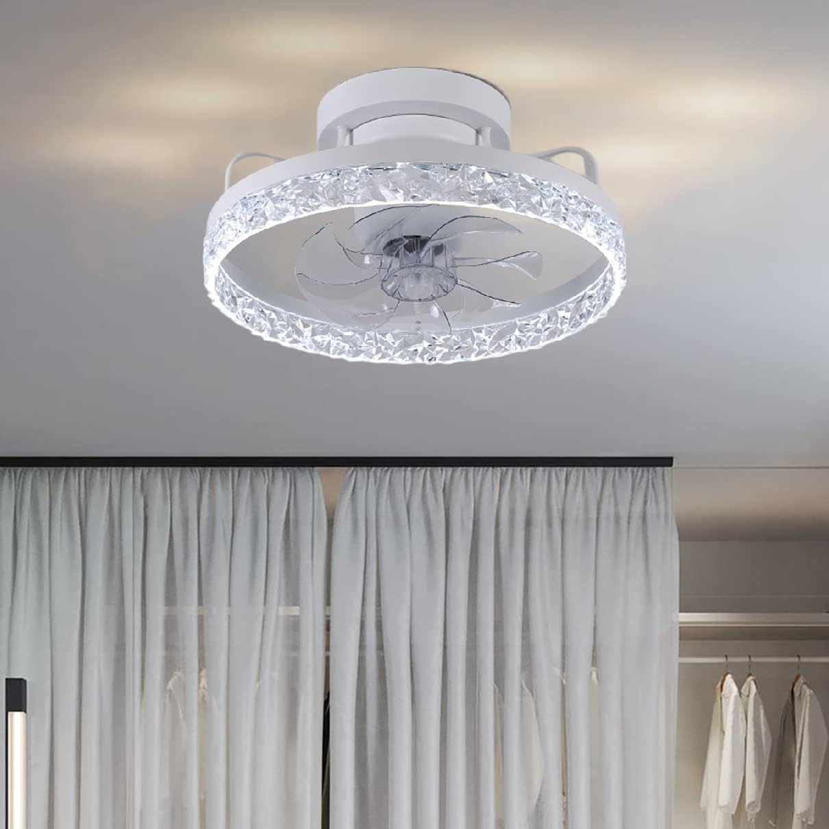 YUEGOO Ceiling Fans with Lamps,Crystal Ceiling Fan with Light and Remote Control 360°Rotation 3 Speeds Bedroom Led Dimmable Fan Ceiling Light with Timer Modern Living Room/White