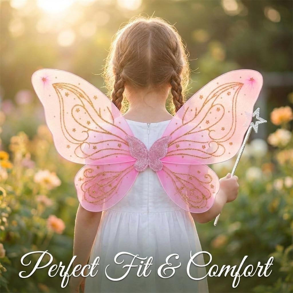 Butterfly Fairy Wings 24"x15.4" for Kids, Fairy Costume with Gold Star Patterns and Wand, Halloween Birthday Party Cosplay