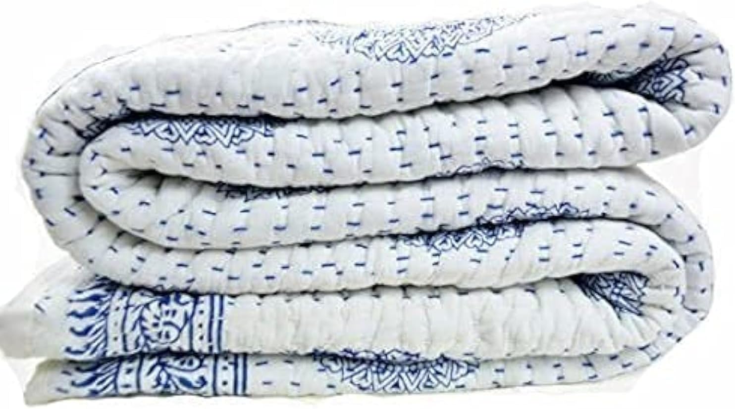 Indian Hand Block Queen Size Kantha Quilt, Indian Kantha Quilt, White Cotton Blanket, Handmade Bedspread, Hand Block Print, 100% Cotton Bedspread Blanket Throw (White, 90X108)