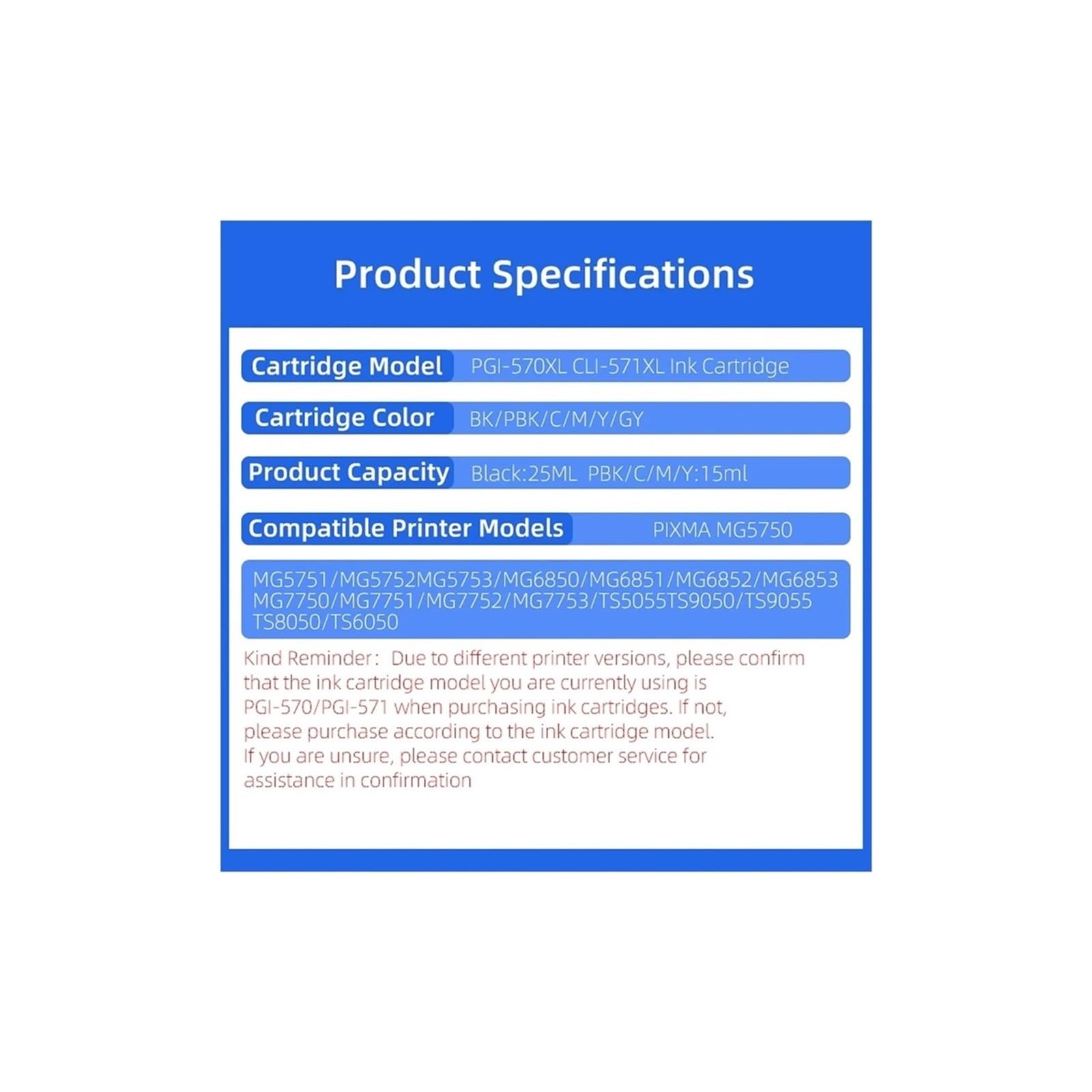 Cartouche d'encre PGI-570 CLI-571, Compatible avec Canon, MG5750 MG5751