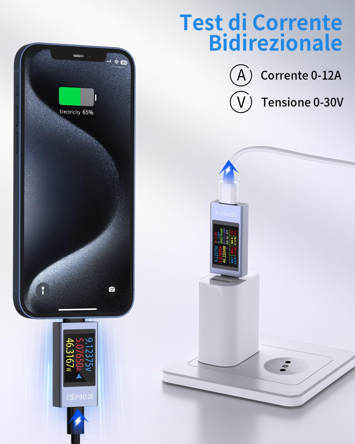 360W Tester USB C Multimetro Digitale 4-30V 0-12A USB Voltmetro Volt Amperometro, Tester di Tensione e Corrente Rilevatore Carica Batteria Caricabatterie USB Tester Elettrico
