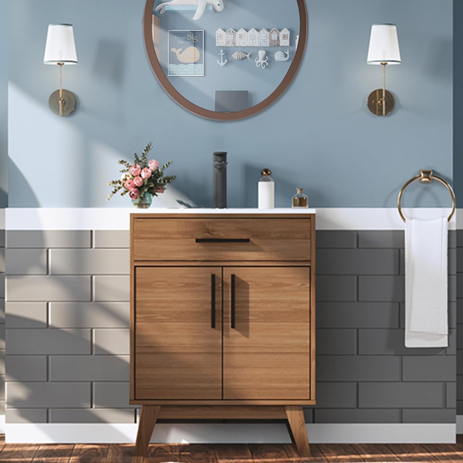 AMERLIFE 24.5" Bathroom Vanity with Sink Combo, Mid-Century Modern Small Single Bathroom Cabinet Set, Integrated Sink, Soft Closing Doors with Metal Handles, Brown